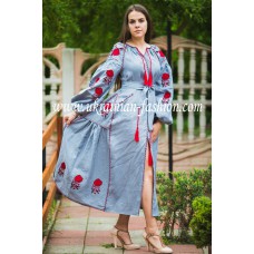 Boho Style Ukrainian Embroidered Maxi Dress "Roses" Gray with Red Embroidery